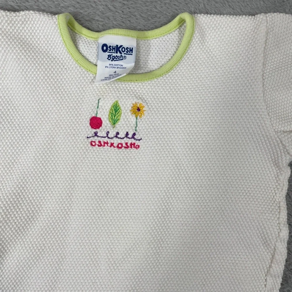 Vintage OshKosh B'gosh T Shirt Kids Size 4‎ White Embroidered Flower Cherry 90s